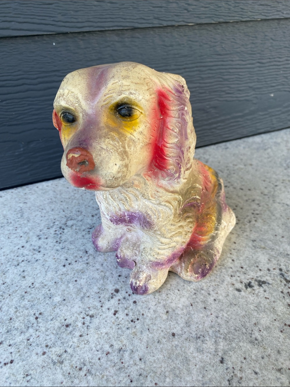Vintage Chalkware Dog Figurine in Cream with Purple & Red Accents